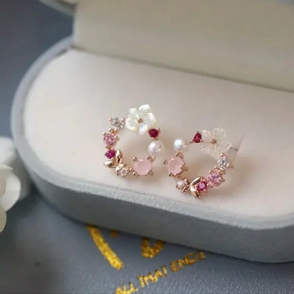 Cherry Blossom & Zircon Butterfly Stud Earrings. - Picture 2 of 6